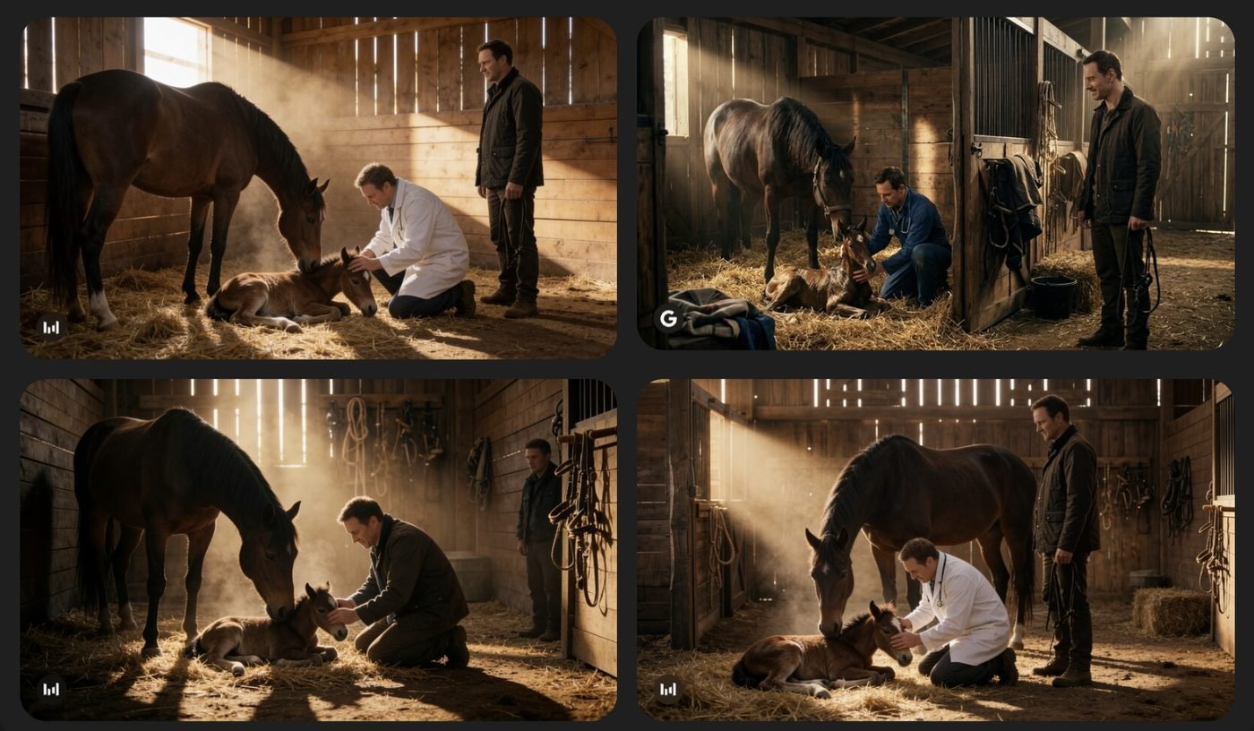 Scene development, stable, foal, morning light